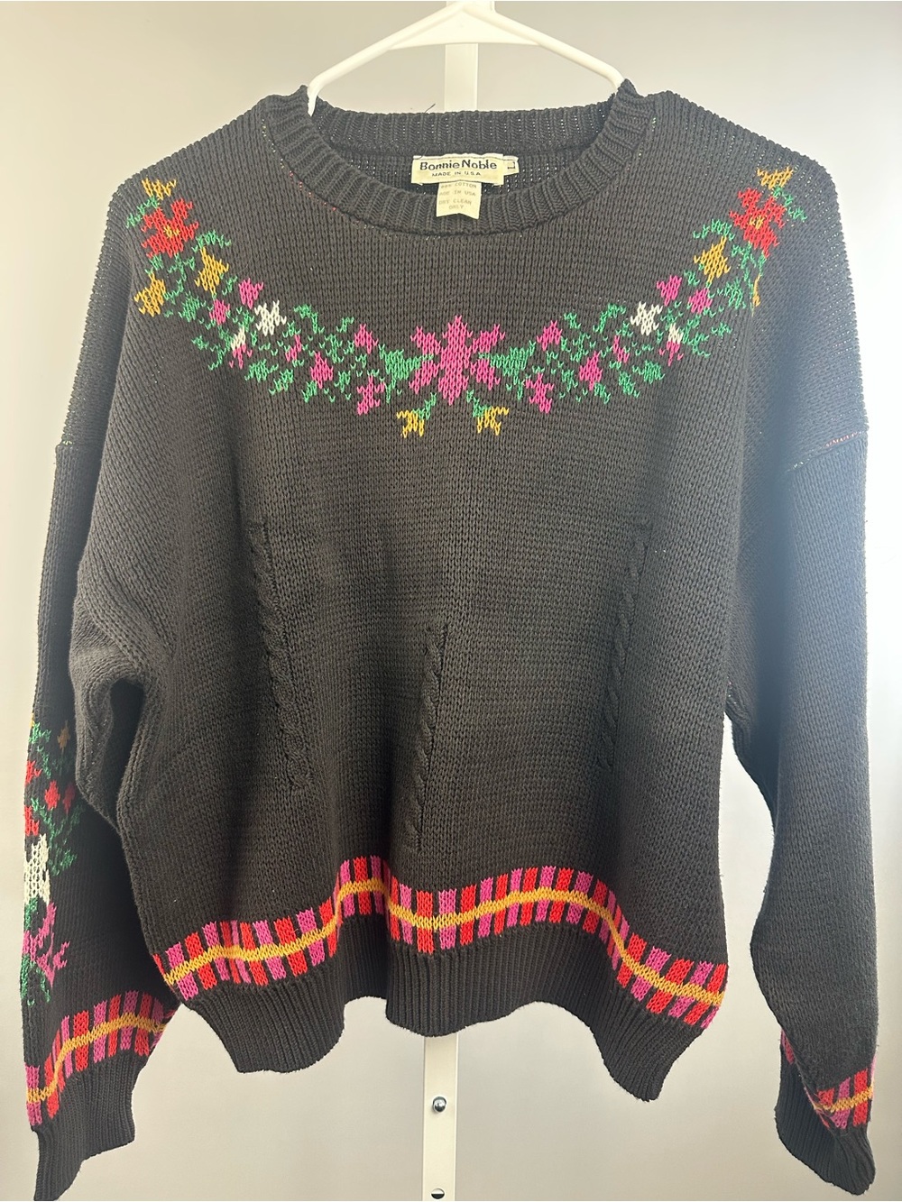 Vintage Floral Knit Sweater Black Cotton Oversized Cozy Fall Layer